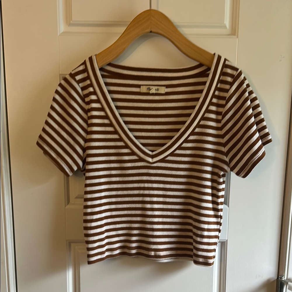 Madewell Brown and Tan Ribbed Crop T-Shirt